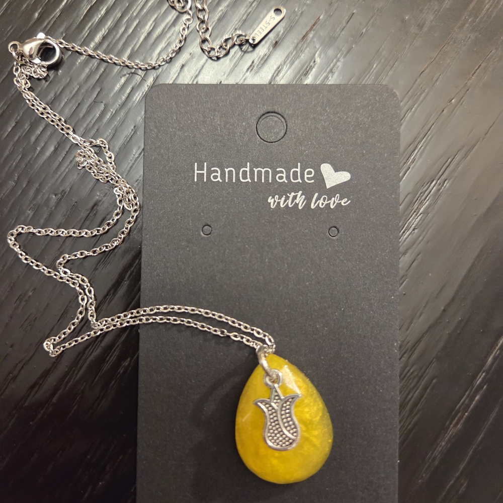 Handmade Yellow Teardrop Pendant Necklace with Silver Charm